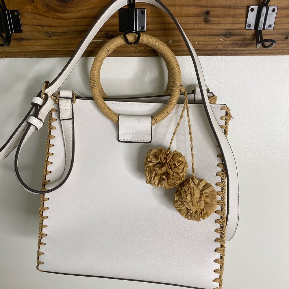 Kelly & Katie white purse, straw sides & Pom Poms